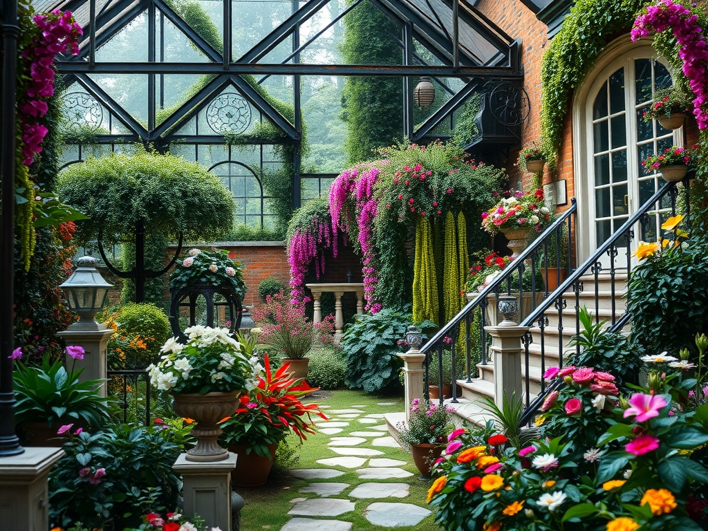 A vibrant secret garden with colorful flowers and elegant architecture, perfect for a wedding.
