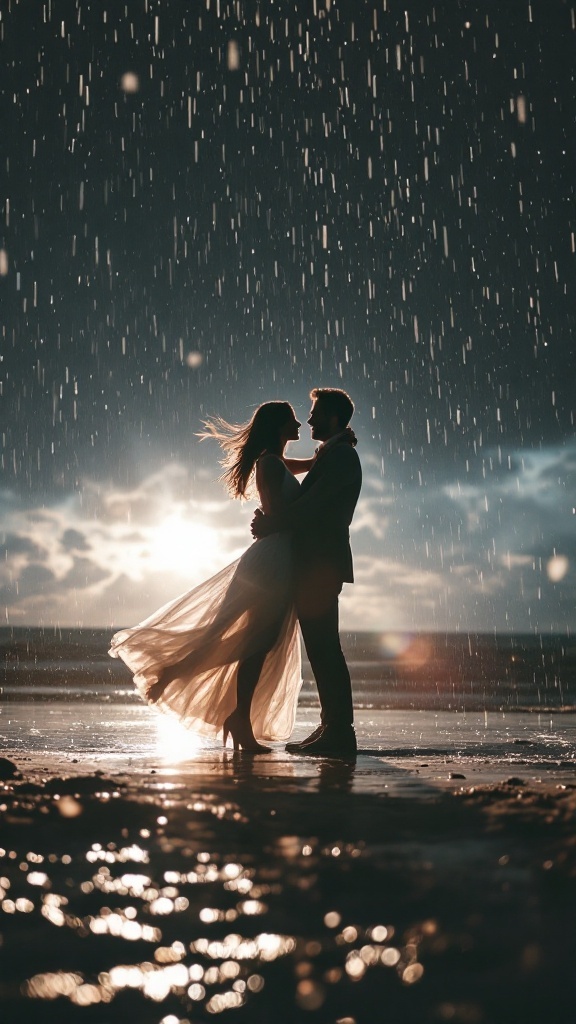 A romantic couple embracing in the rain on a beach during sunset, capturing cinematic aesthetics.
