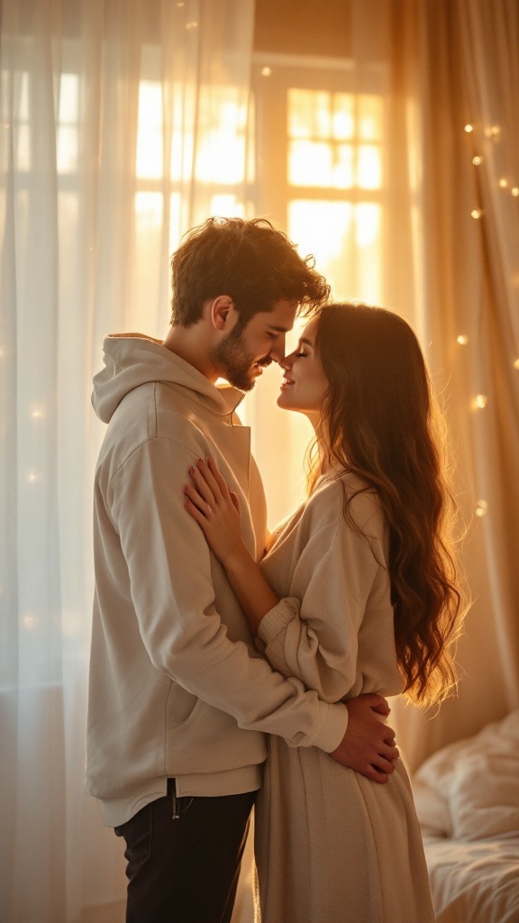 Couple embracing softly in warm light, setting a romantic and intimate mood.