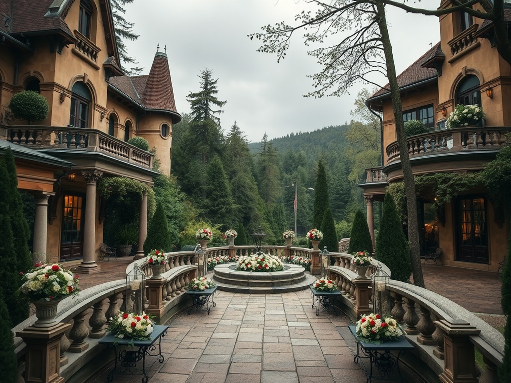 A romantic wedding venue with elegant architecture surrounded by lush greenery and flowers