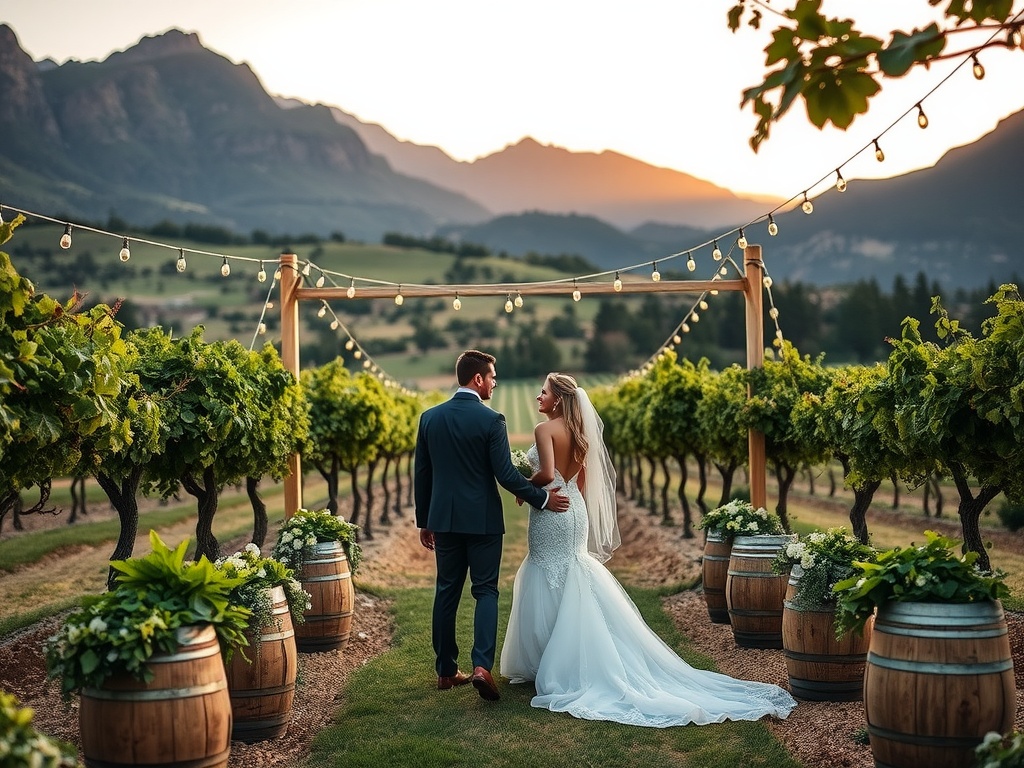 A couple stands together in a vineyard at sunset, with mountains in the background and string lights overhead.