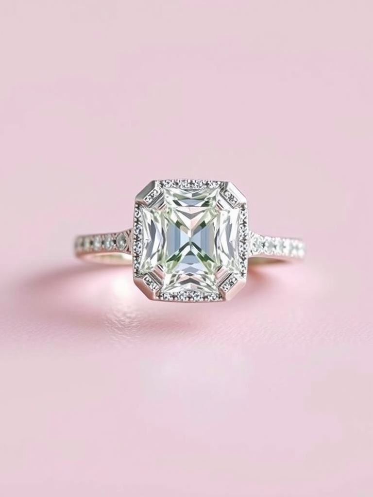 A beautiful cushion cut engagement ring with a vintage-inspired design on a soft pink background.