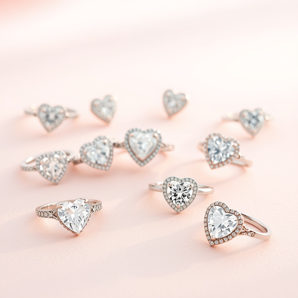 A collection of heart-shaped engagement rings displayed on a pink background.