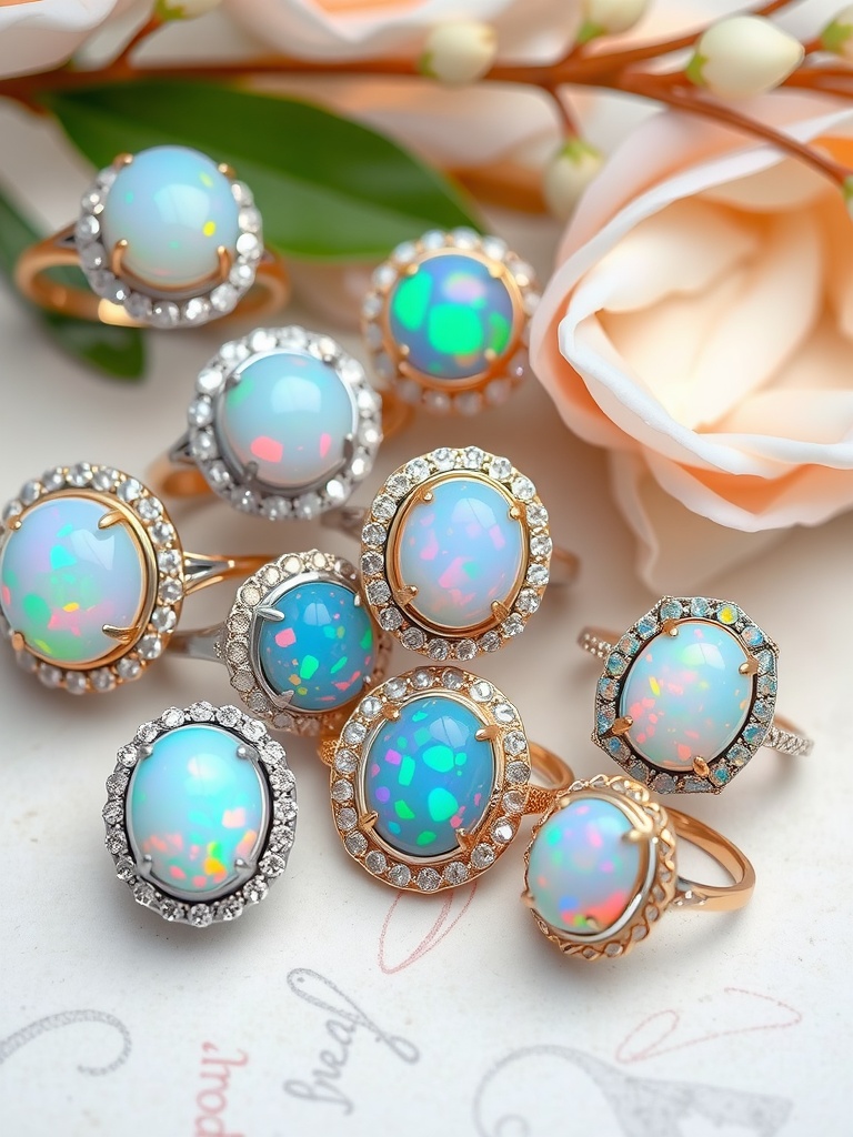 Collection of opal engagement rings showcasing various settings and designs.