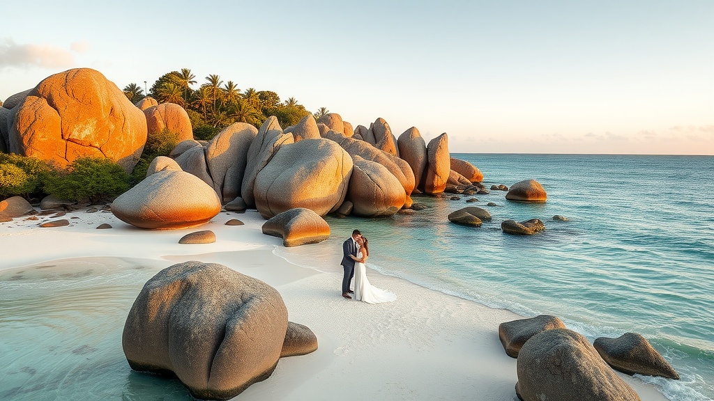 A couple embracing on a pristine beach in Seychelles, surrounded by granite boulders and clear turquoise waters.