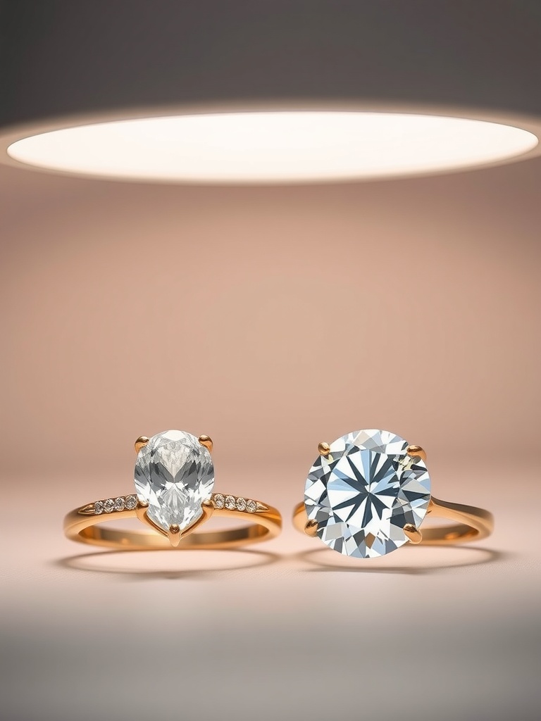 An image showing an oval engagement ring on the left and a round engagement ring on the right, highlighting their unique cuts and settings.