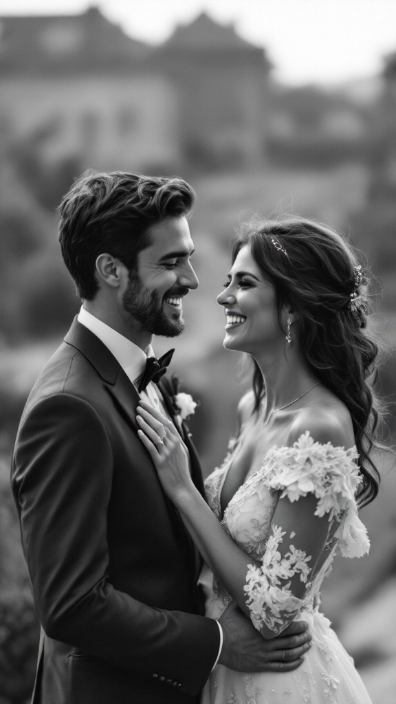 A couple laughing and sharing a candid moment in a classy engagement photo.