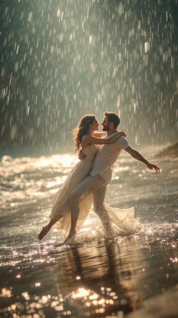 A couple embracing in the rain on a beach, creating a cinematic moment.