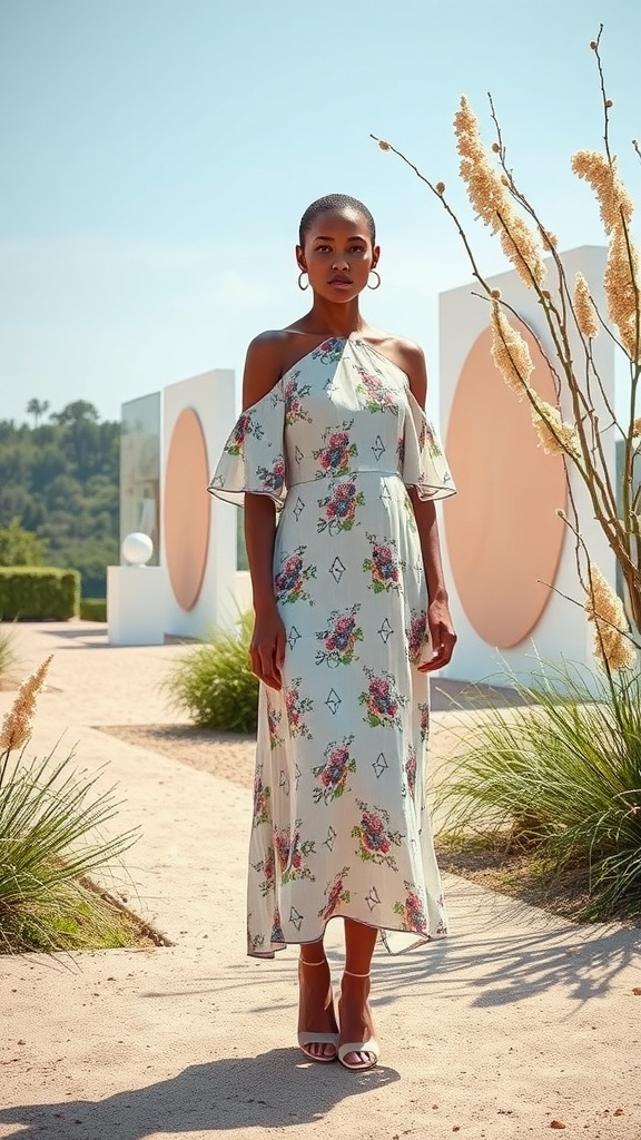 A model wearing a light shift dress with geometric patterns, featuring floral designs, standing in a bright outdoor setting.