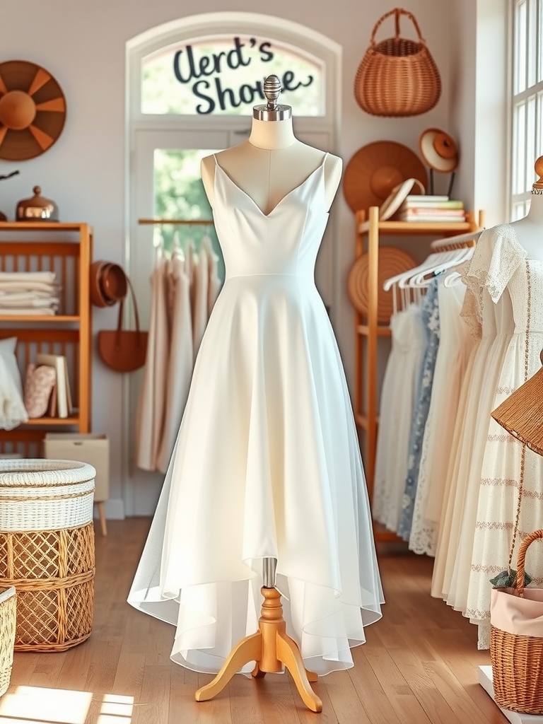 A short and stylish summer bridal gown displayed in a boutique setting.