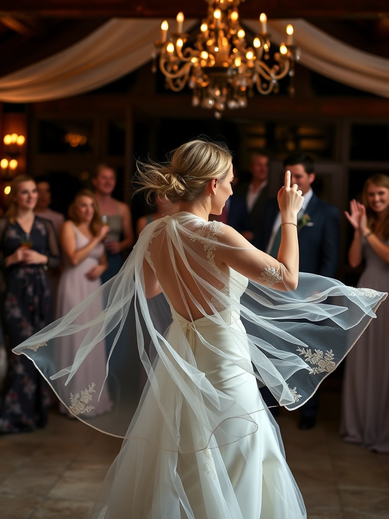 A bride wearing a short, flowing wedding cape, showcasing a playful style, with guests celebrating in the background.