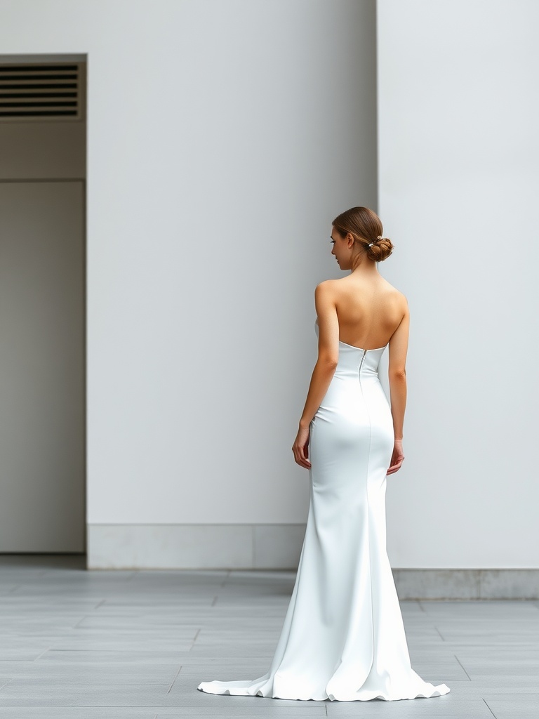 A back view of a woman in a simple, chic minimalist wedding dress standing against a plain background.