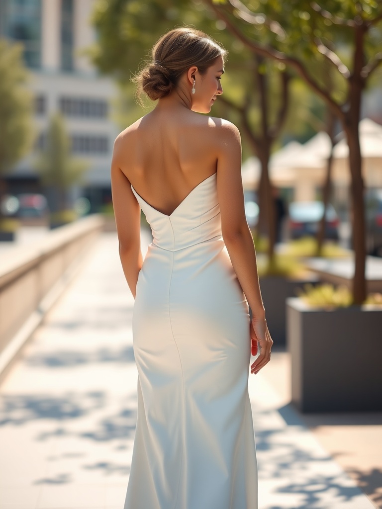 A bride wearing a sleek column wedding dress, showcasing a minimalist style.
