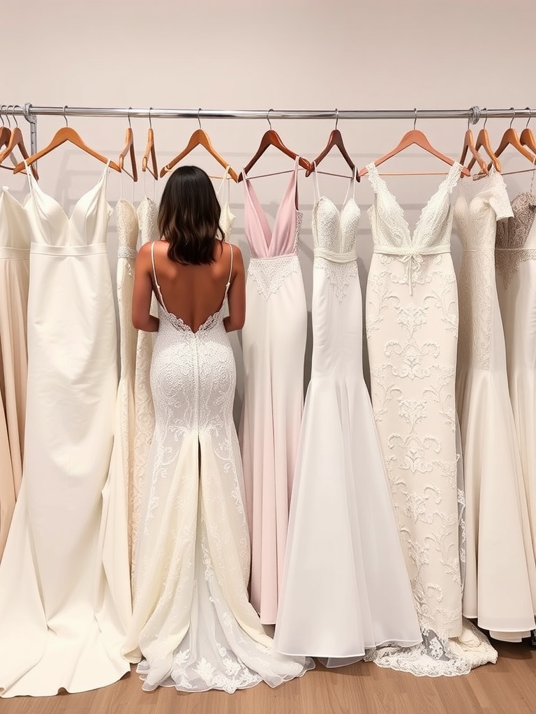 Three models displaying different backless wedding dresses, showing various back designs and styles.