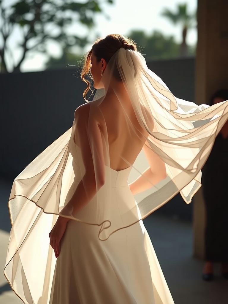 A bride wearing a silk cape, flowing elegantly from her shoulders, showcasing a sophisticated and smooth finish