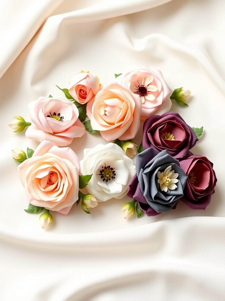 A display of bridal hair accessories including silk floral accents, tiaras, and hair combs, arranged on a light background.