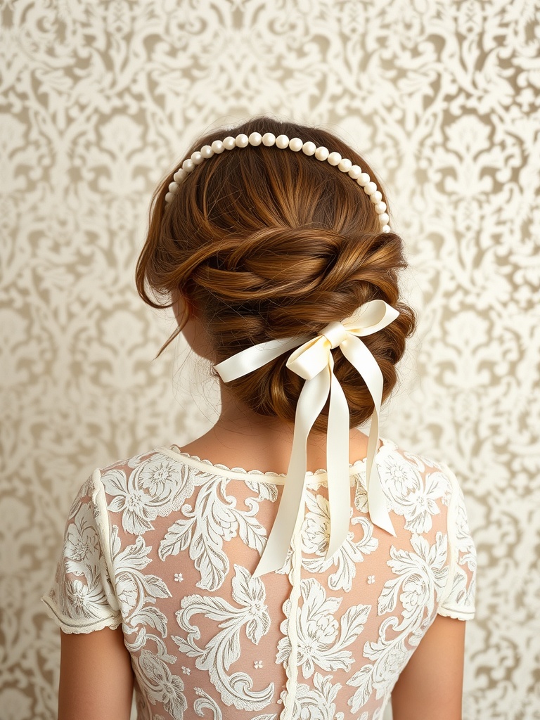 A bride with a soft bun hairstyle, adorned with a silk ribbon tie and a pearl headband, showcasing vintage bridal hair accessories.