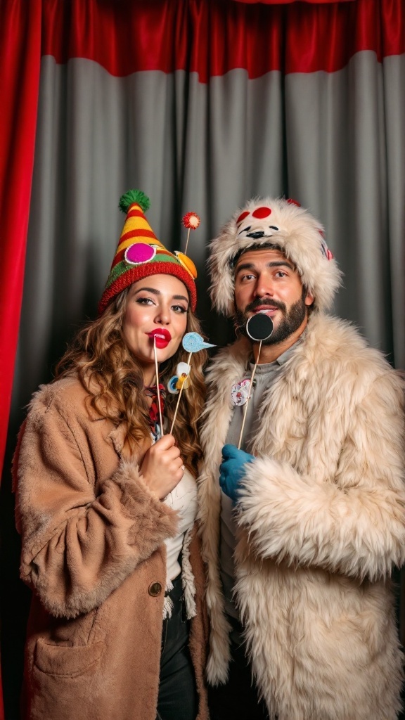 Couple in silly costumes, sharing a fun moment together