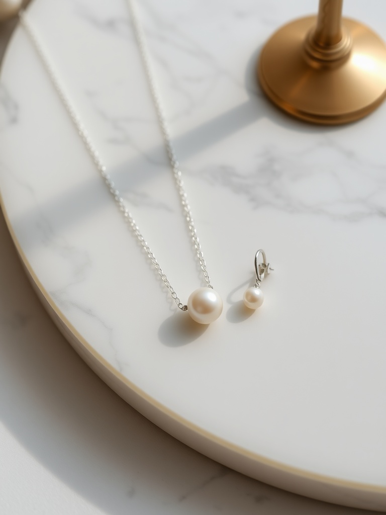 A minimalist pearl necklace and earrings on a marble surface