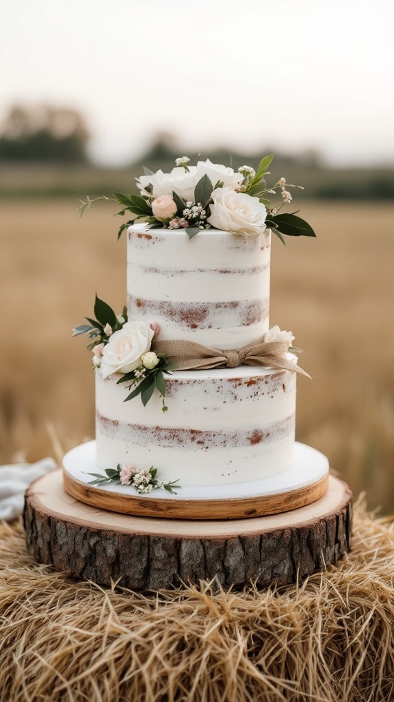Rustic two-tier wedding cake decorated with flowers on a wooden stand