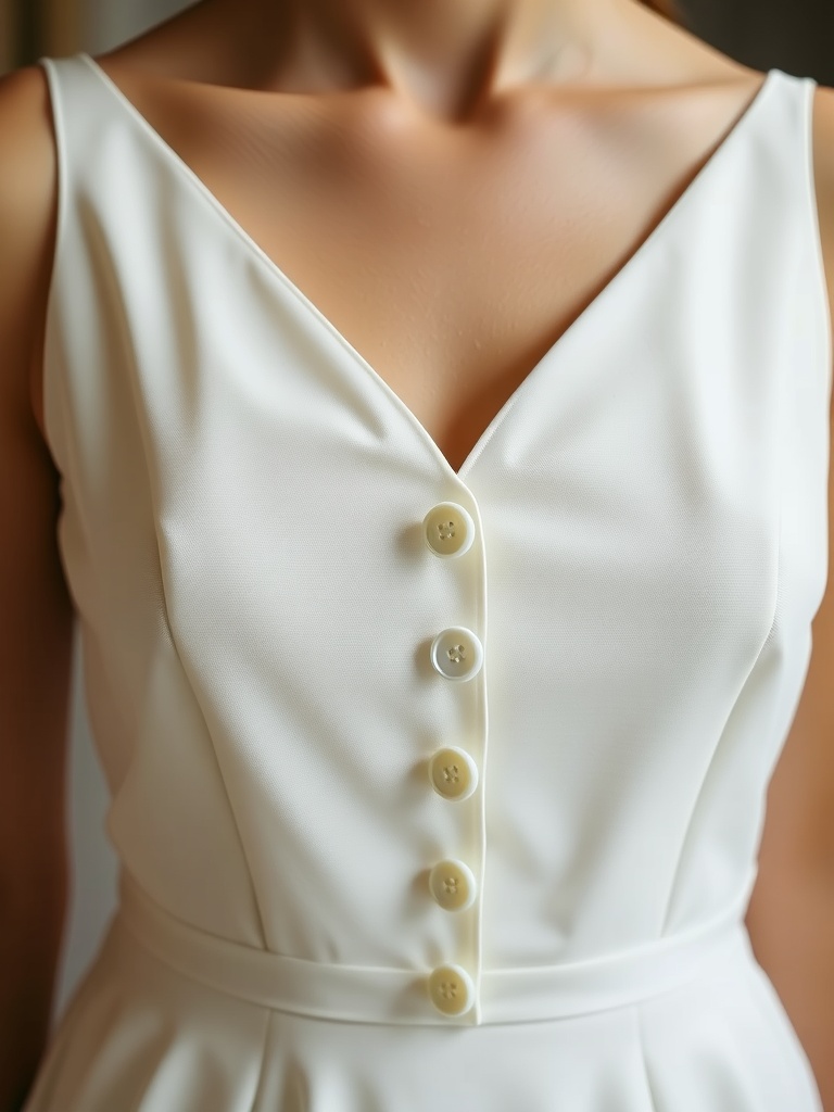 Close-up of the back detail of a minimalist wedding dress, featuring button accents.