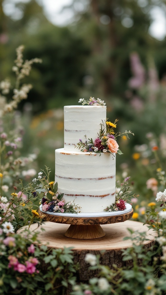 A rustic wedding cake with white buttercream frosting, adorned with fresh flowers, set in a countryside garden