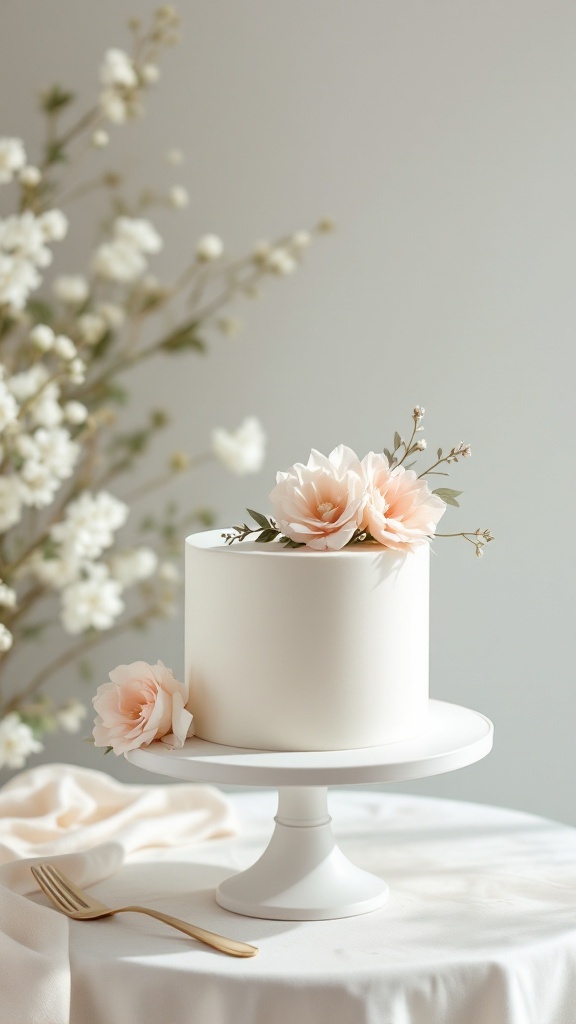 A minimalist wedding cake with soft flowers on top, showcasing single-tier elegance.