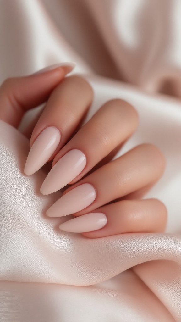 A close-up of a hand with sleek almond-shaped neutral wedding nails, holding a bouquet of white flowers.
