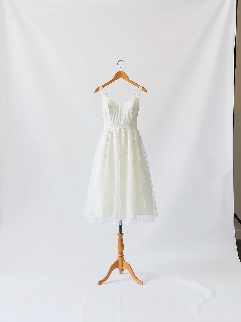 A sleek, tea-length bridal gown displayed on a hanger against a white background.