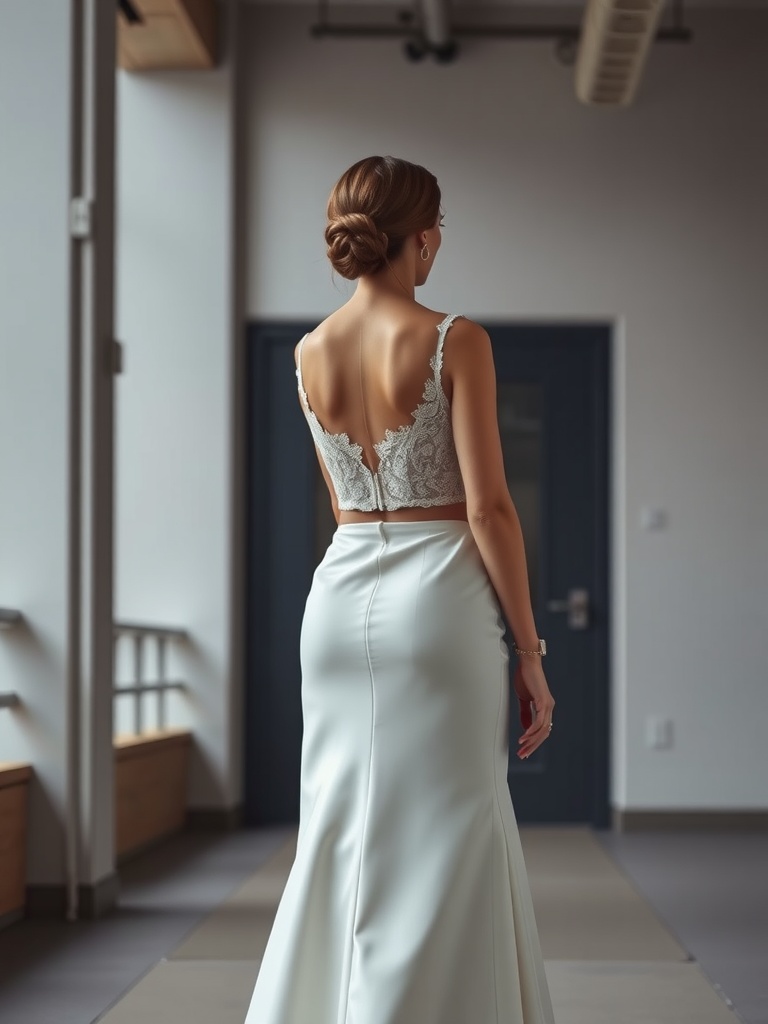 A bride wearing a lace crop top and fitted skirt two-piece wedding dress, showcasing a modern bridal look