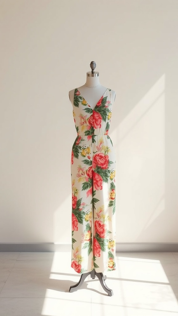 Floral jumpsuit on display, ideal for summer wedding guests.