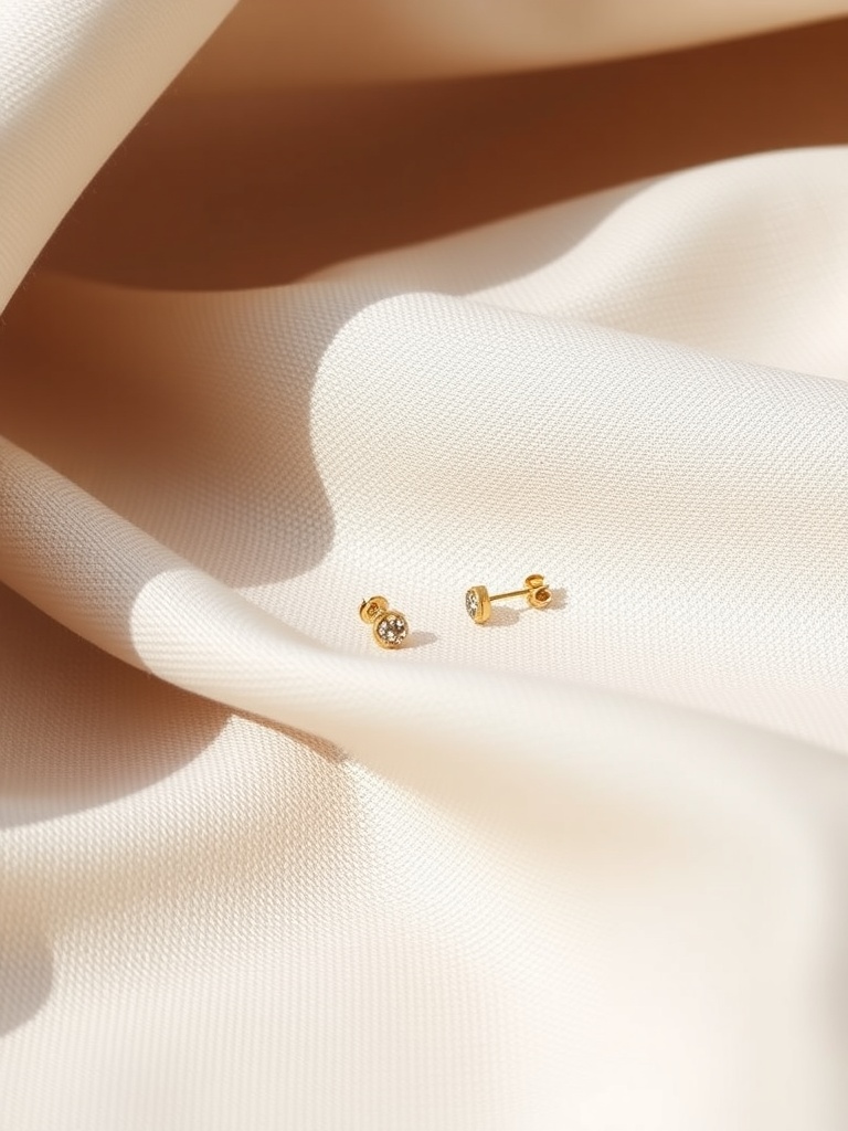 Sleek gold stud earrings on a light fabric