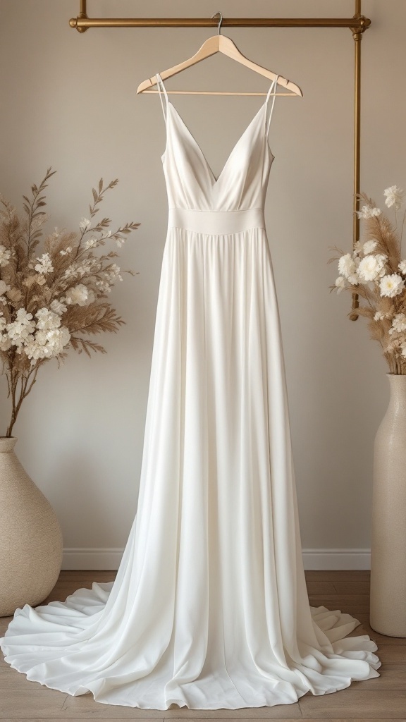 A beautiful white slip wedding dress on a hanger with a minimalist design.