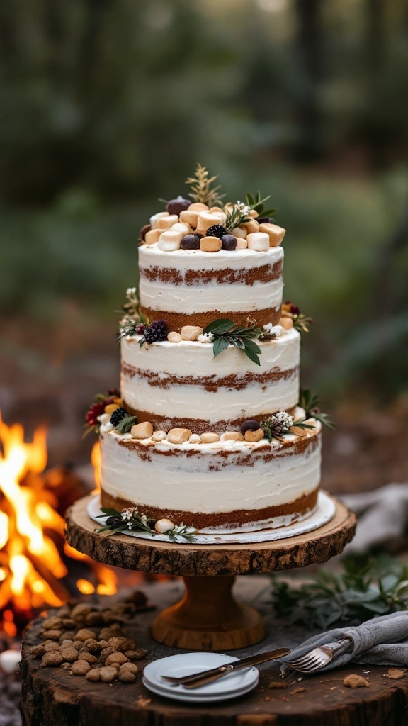 A three-tiered naked wedding cake with s'mores toppings, set against a warm campfire backdrop.