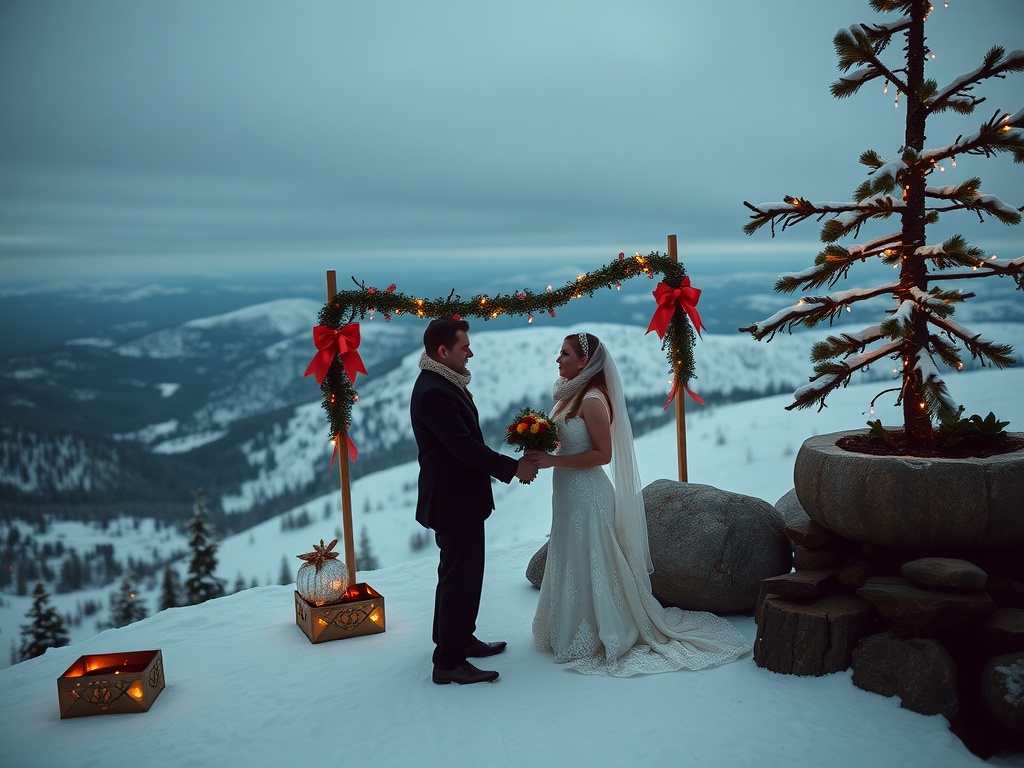 Couple exchanging vows on a snowy mountain top surrounded by guests and a floral arch.