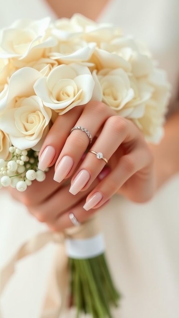 A bride holding a bouquet of cream roses with soft beige manicure and elegant rings.