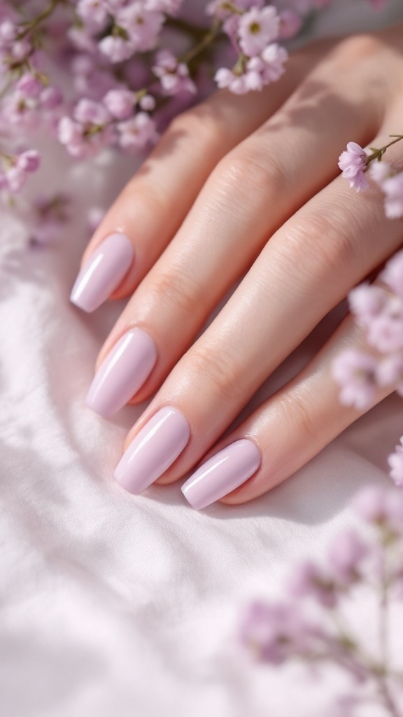 Soft lavender nails with French tips held alongside a bouquet of lavender flowers.