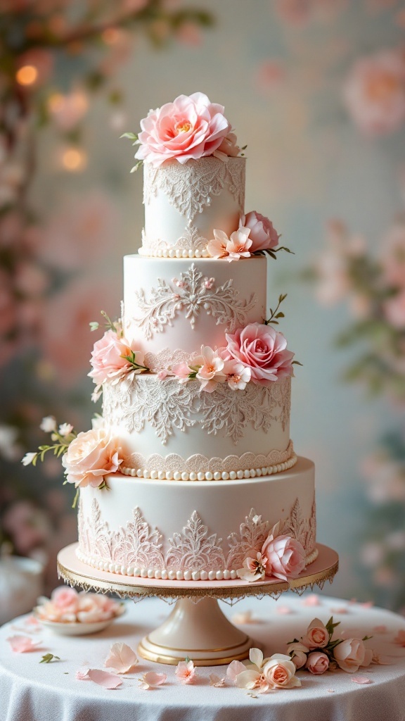 A vintage wedding cake with soft pastel colors and floral decorations, featuring intricate lace designs.