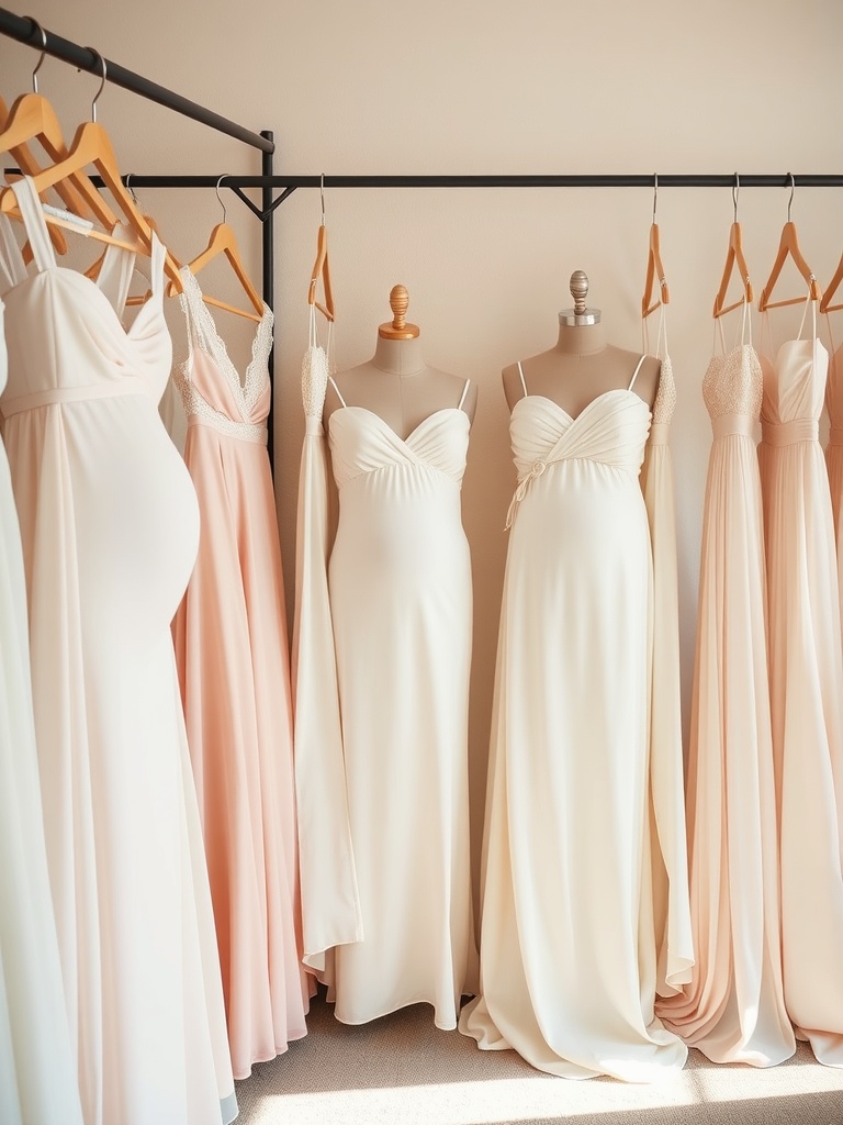 A display of soft pastel maternity wedding dresses on mannequins, featuring a variety of styles and colors.