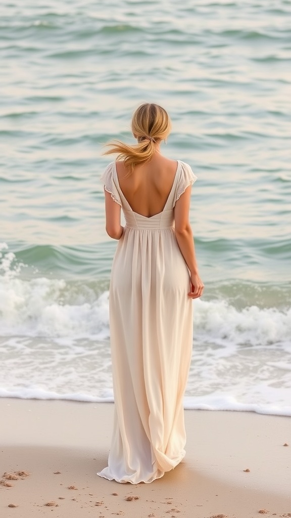 A woman wearing a soft pastel maxi dress with cap sleeves standing by the sea
