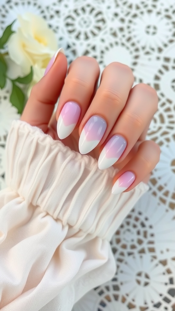 A set of elegantly styled soft pastel ombre wedding nails featuring a blend of light pink and white.