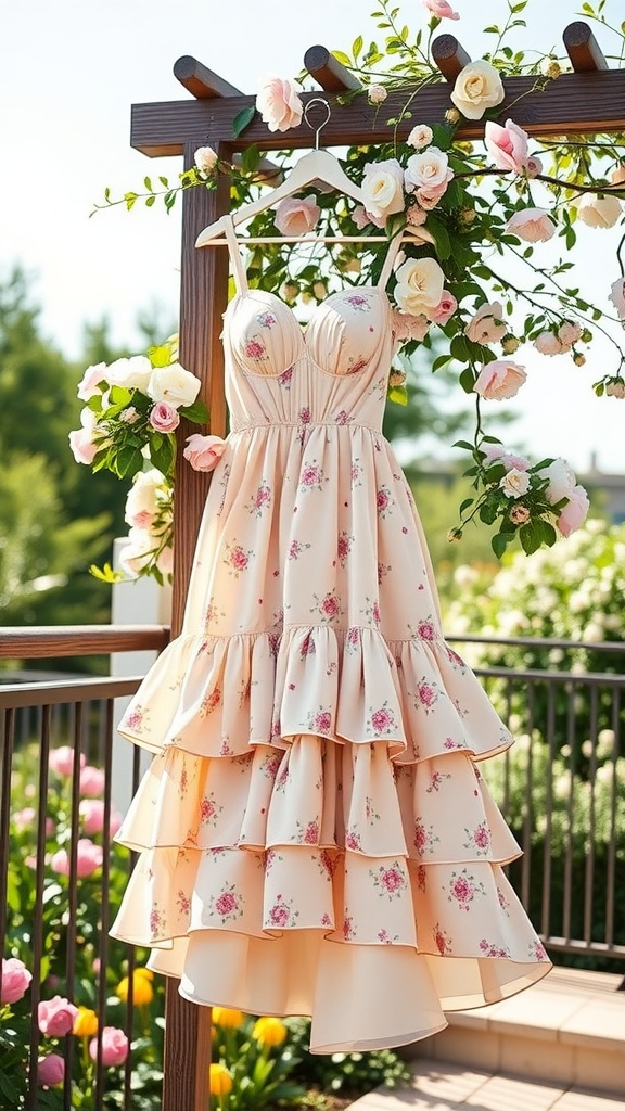 A soft pastel tiered dress with floral patterns hanging on a wooden frame surrounded by flowers.