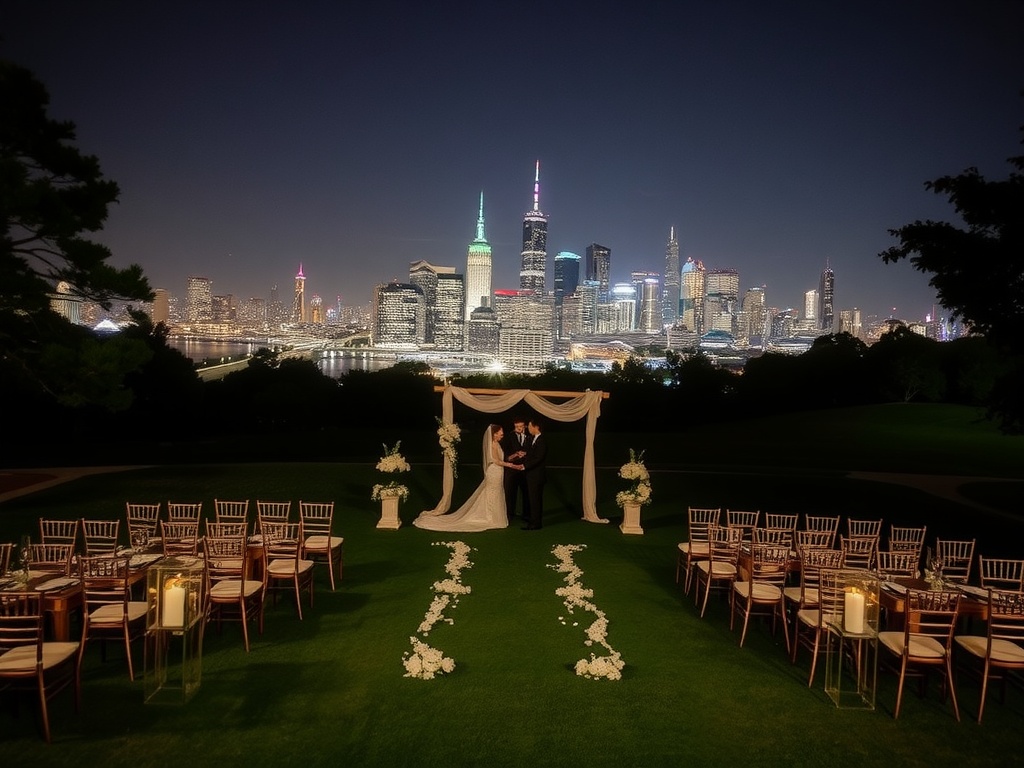 Outdoor wedding ceremony at a country club with a city skyline view at night.