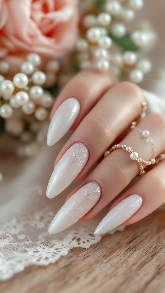 Sophisticated geometric wedding nails design with pearls