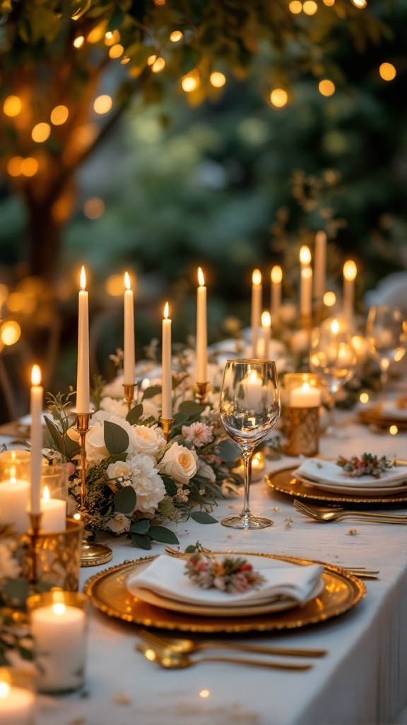 A beautifully decorated wedding table with gold accents, candles, and floral arrangements.
