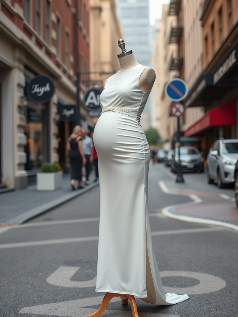 A sophisticated short white wedding dress displayed on a mannequin, designed for a pregnant bride, in an urban setting.