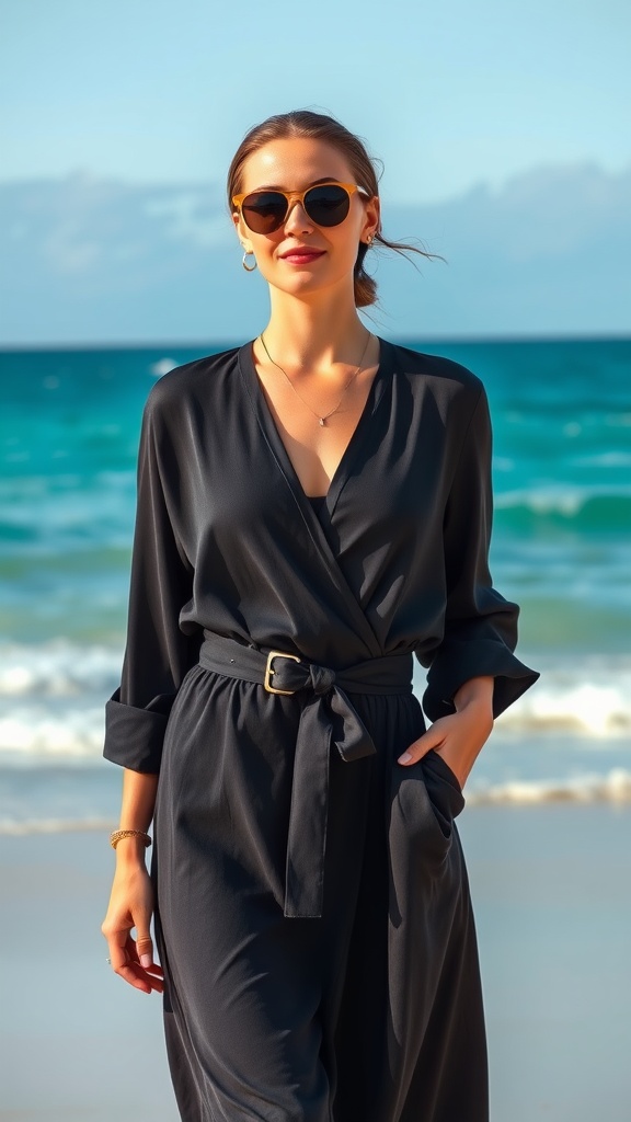 A woman walking on the beach wearing a white wrap dress with a tied belt, enjoying the summer breeze.