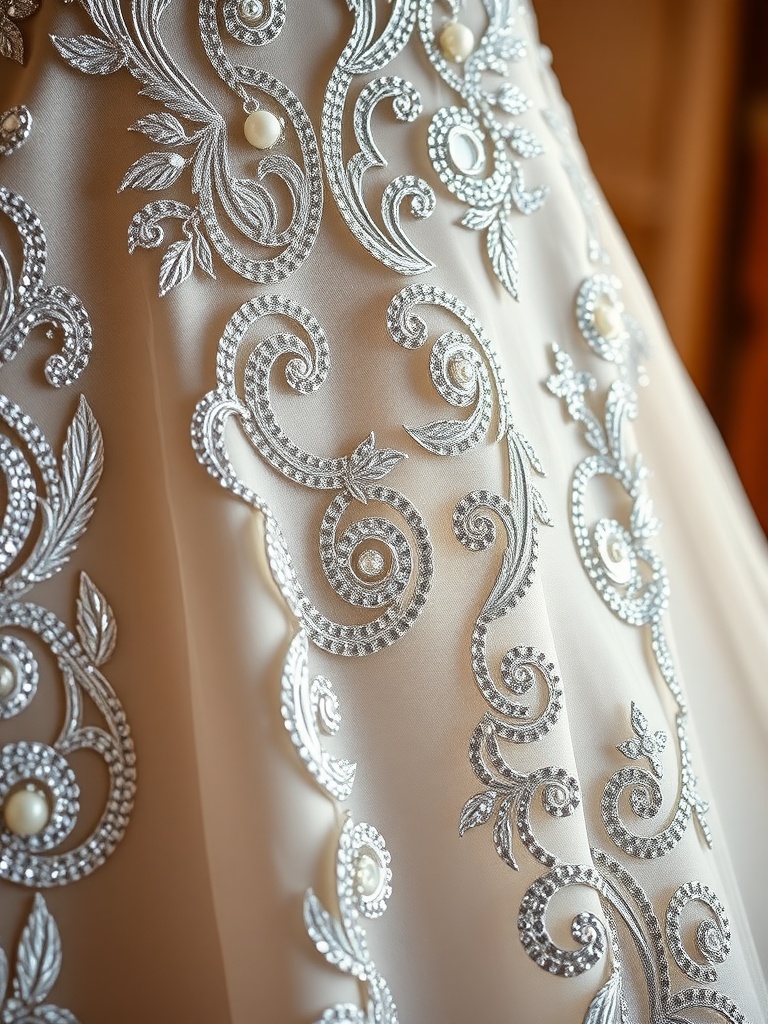 Close-up of a wedding dress fabric featuring intricate embroidery and sparkling embellishments