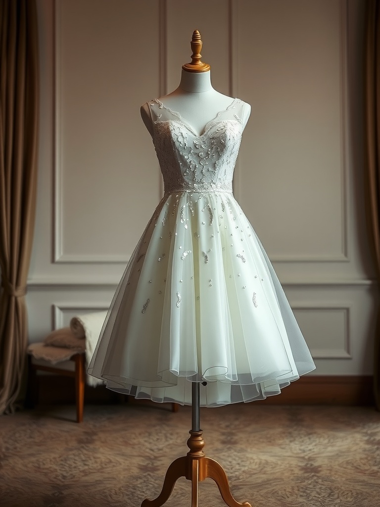 A beautiful tea-length wedding dress with sparkling embellishments displayed on a mannequin.