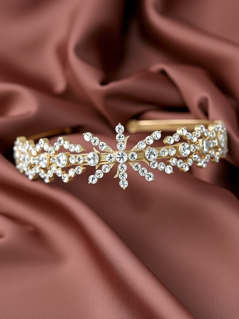 A sparkling hairband with intricate designs placed on a silky fabric.